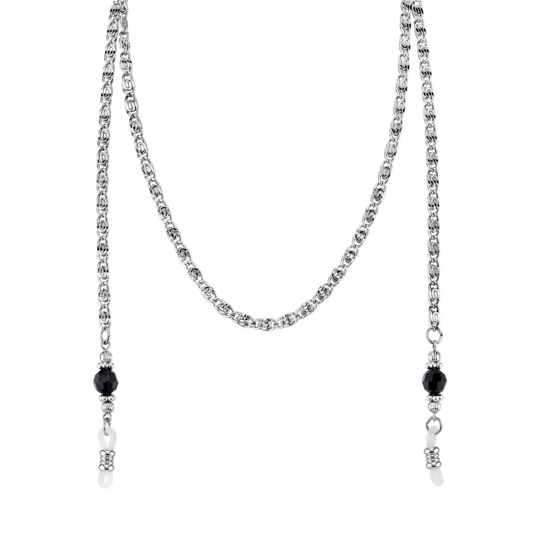 1928 Jewelry Scroll Chain Black Bead Eyeglass Holder Chain Necklace 30"
