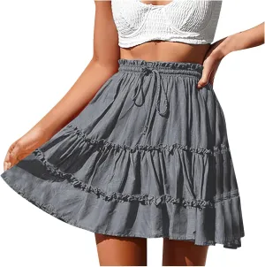 2025 Summer Boho Skirts for Women Tiered Pleated Mini Skirt Solid Bohemian Beach Vacation Skirts Cruise Clothes