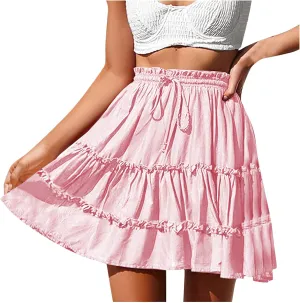 2025 Summer Boho Skirts for Women Tiered Pleated Mini Skirt Solid Bohemian Beach Vacation Skirts Cruise Clothes