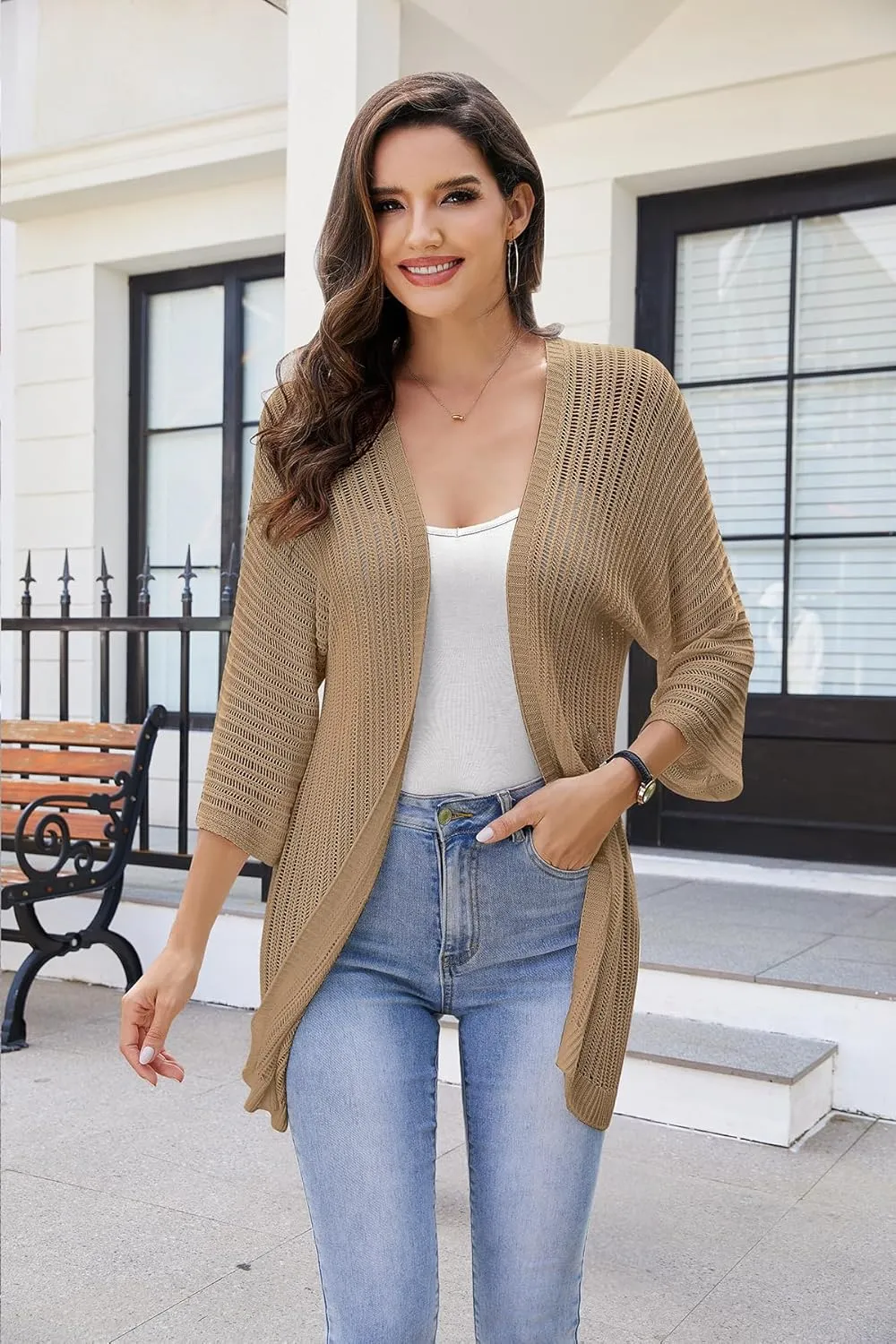 2025 Summer Women's Lightweight 3/4 Sleeve Crochet Cardigan Sweater Open Front Boho Beach Vacation Swimwear Outwear