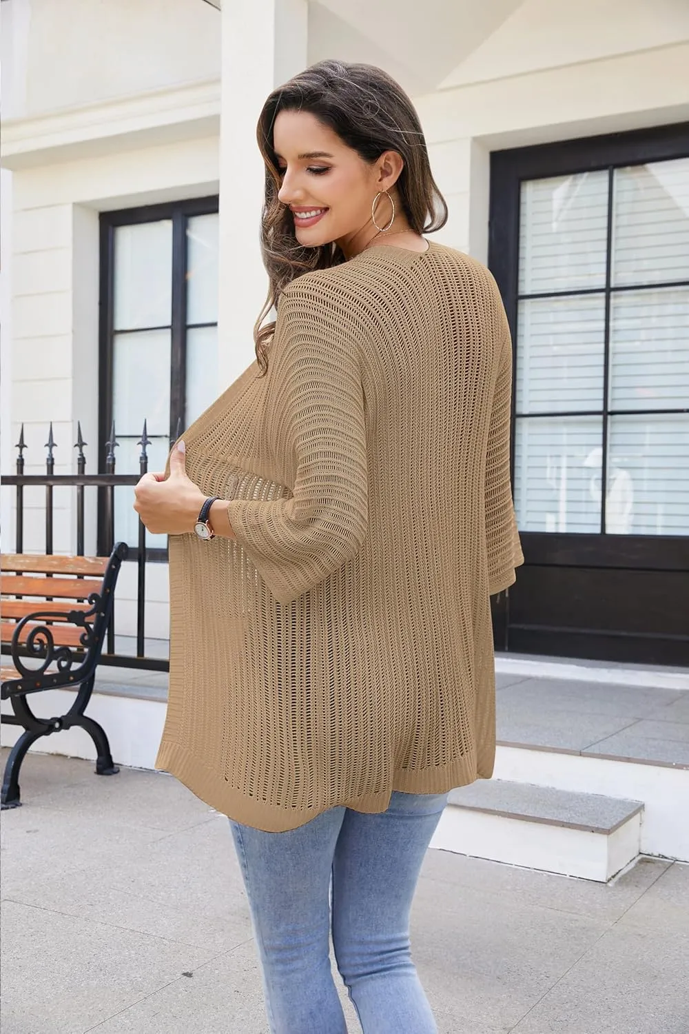 2025 Summer Women's Lightweight 3/4 Sleeve Crochet Cardigan Sweater Open Front Boho Beach Vacation Swimwear Outwear