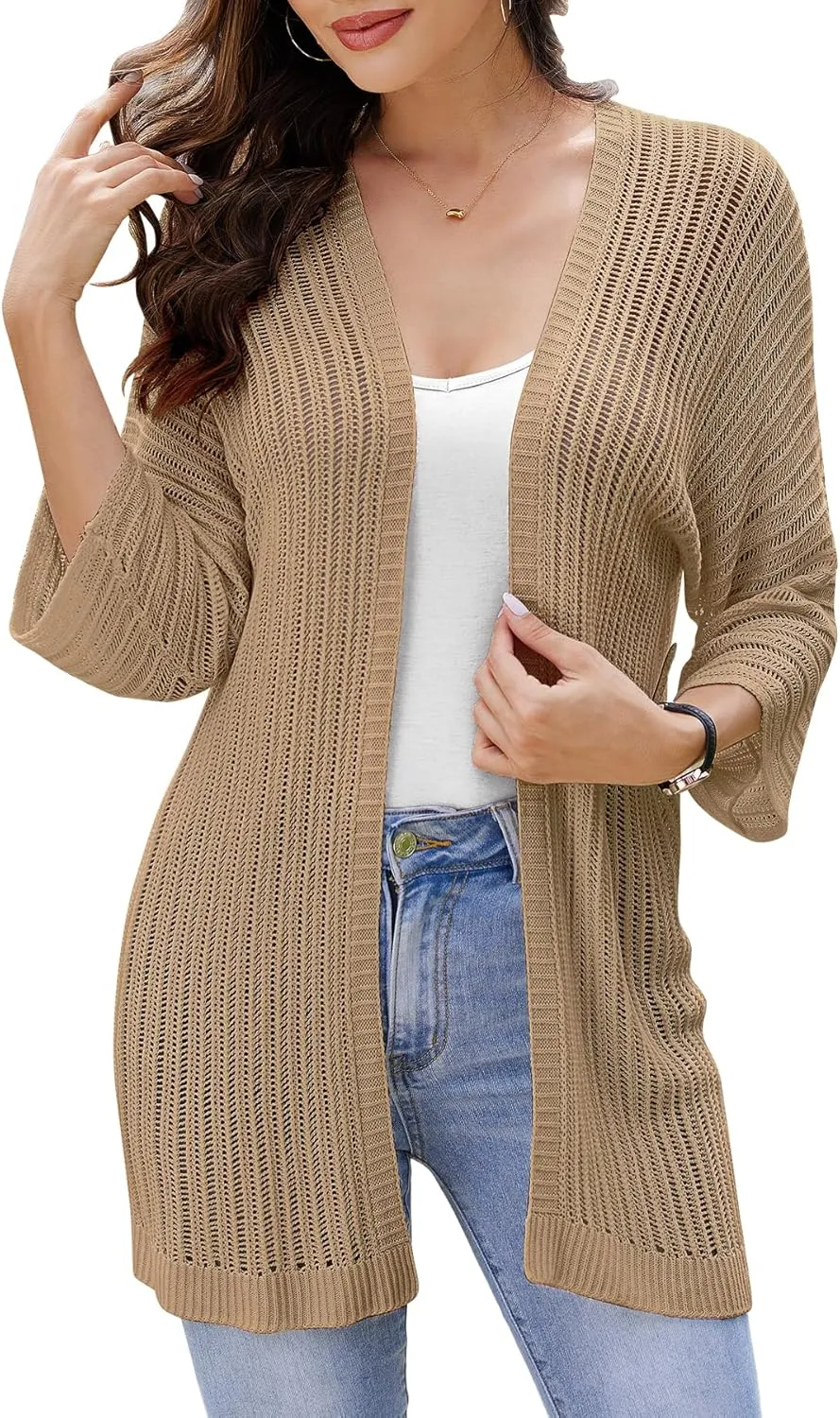 2025 Summer Women's Lightweight 3/4 Sleeve Crochet Cardigan Sweater Open Front Boho Beach Vacation Swimwear Outwear