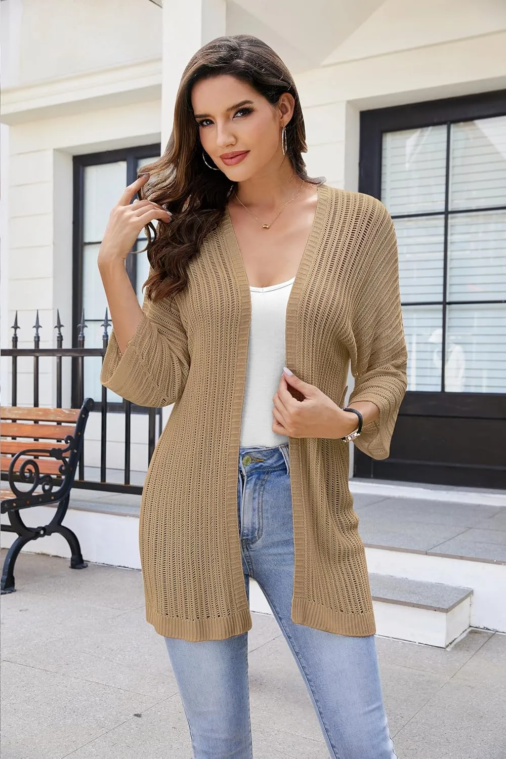 2025 Summer Women's Lightweight 3/4 Sleeve Crochet Cardigan Sweater Open Front Boho Beach Vacation Swimwear Outwear