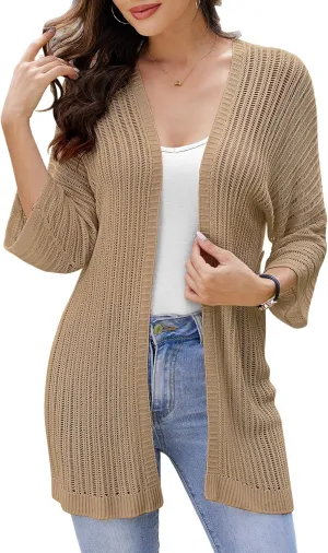 2025 Summer Women's Lightweight 3/4 Sleeve Crochet Cardigan Sweater Open Front Boho Beach Vacation Swimwear Outwear