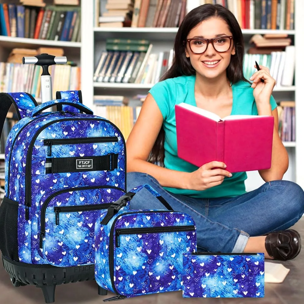 3Pcs Rolling Backpack for Girls, 19 Inche Women Roller Bag with Wheels for Adults, Wheeled Bookbag with Lunch Box(Blue)