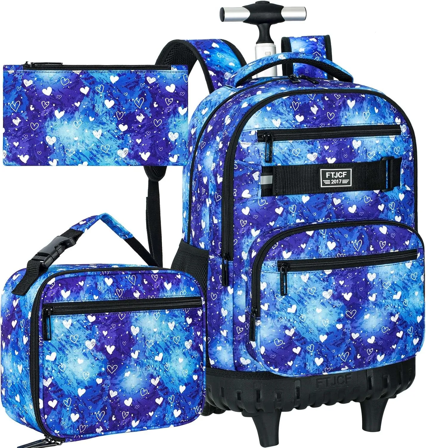 3Pcs Rolling Backpack for Girls, 19 Inche Women Roller Bag with Wheels for Adults, Wheeled Bookbag with Lunch Box(Blue)