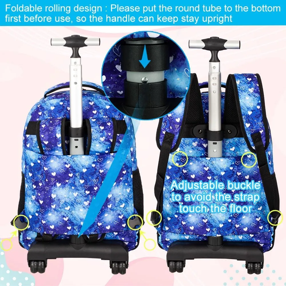 3Pcs Rolling Backpack for Girls, 19 Inche Women Roller Bag with Wheels for Adults, Wheeled Bookbag with Lunch Box(Blue)