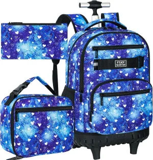 3Pcs Rolling Backpack for Girls, 19 Inche Women Roller Bag with Wheels for Adults, Wheeled Bookbag with Lunch Box(Blue)