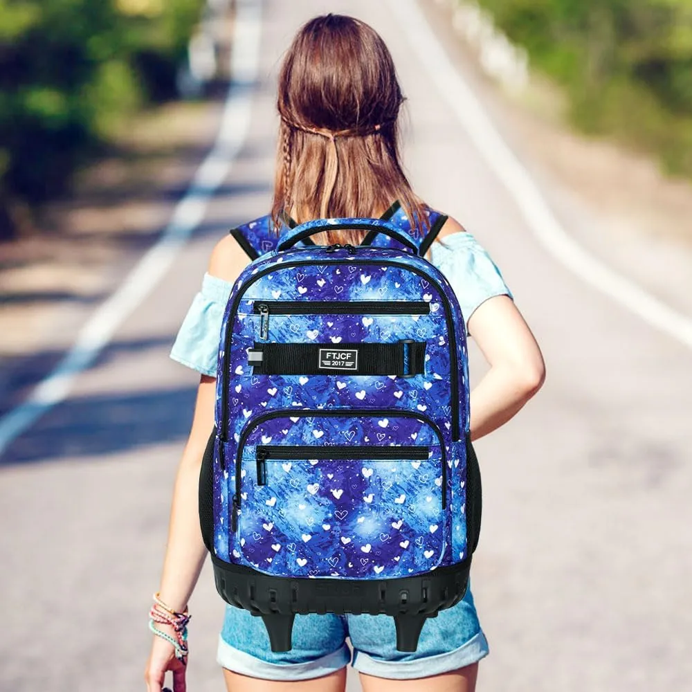 3Pcs Rolling Backpack for Girls, 19 Inche Women Roller Bag with Wheels for Adults, Wheeled Bookbag with Lunch Box(Blue)