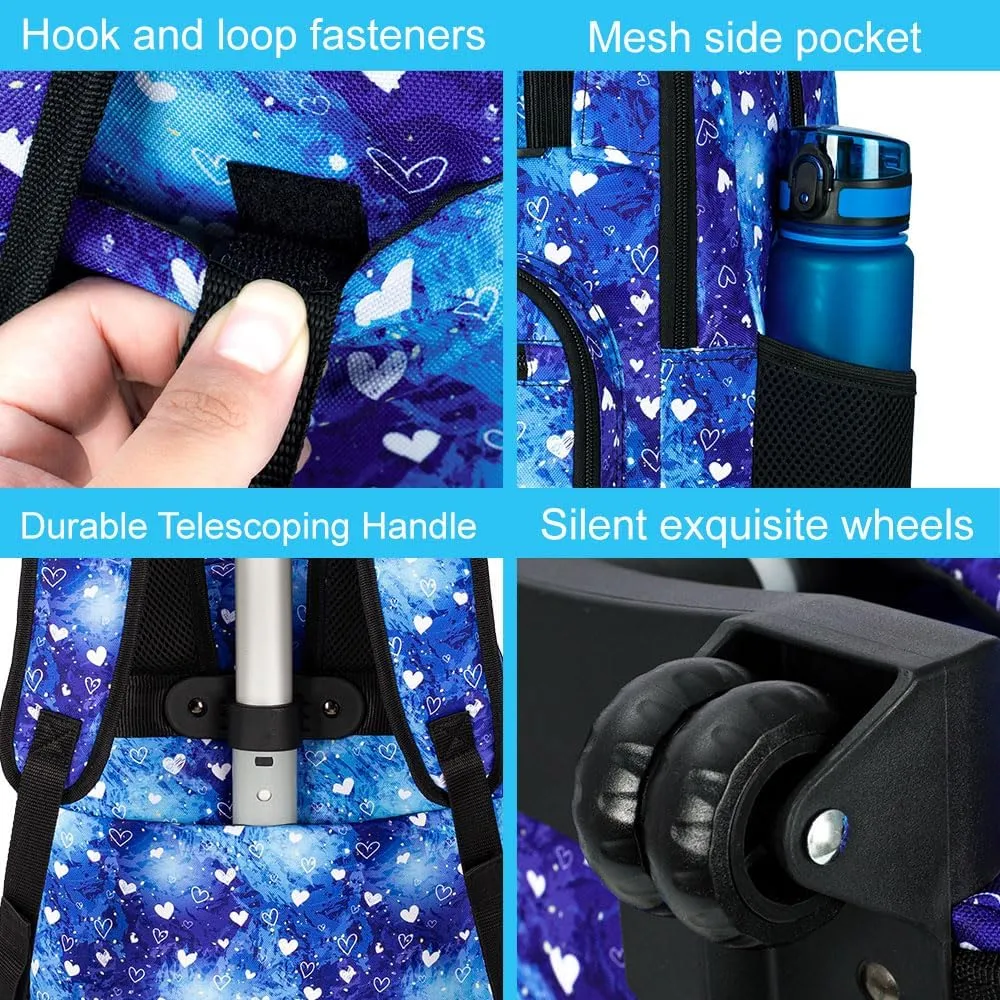 3Pcs Rolling Backpack for Girls, 19 Inche Women Roller Bag with Wheels for Adults, Wheeled Bookbag with Lunch Box(Blue)