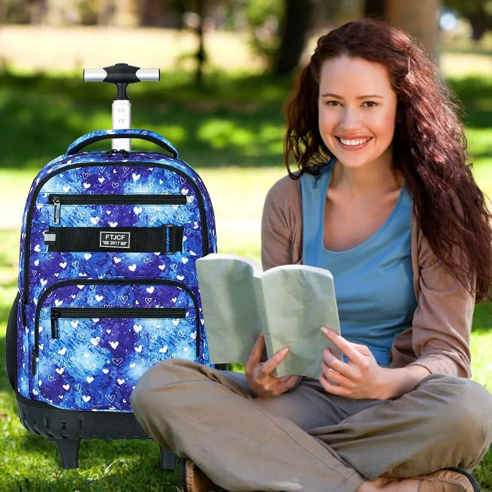 3Pcs Rolling Backpack for Girls, 19 Inche Women Roller Bag with Wheels for Adults, Wheeled Bookbag with Lunch Box(Blue)