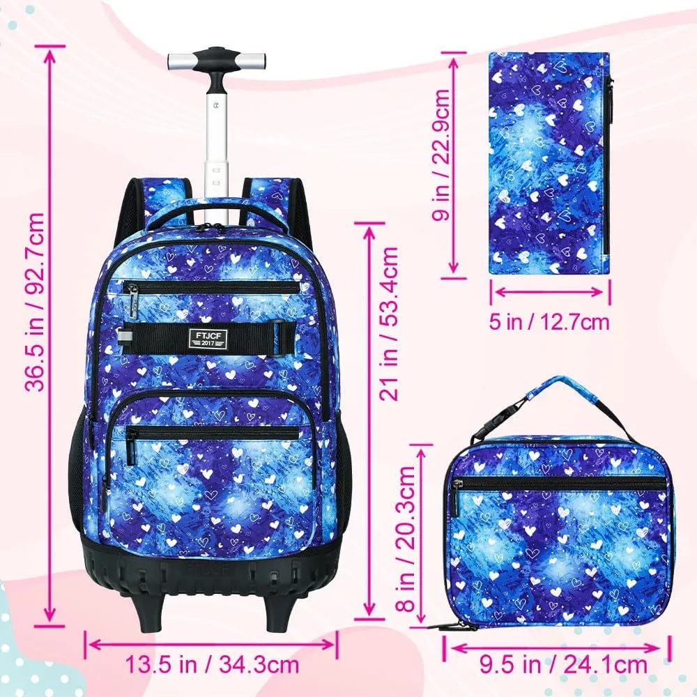 3Pcs Rolling Backpack for Girls, 19 Inche Women Roller Bag with Wheels for Adults, Wheeled Bookbag with Lunch Box(Blue)