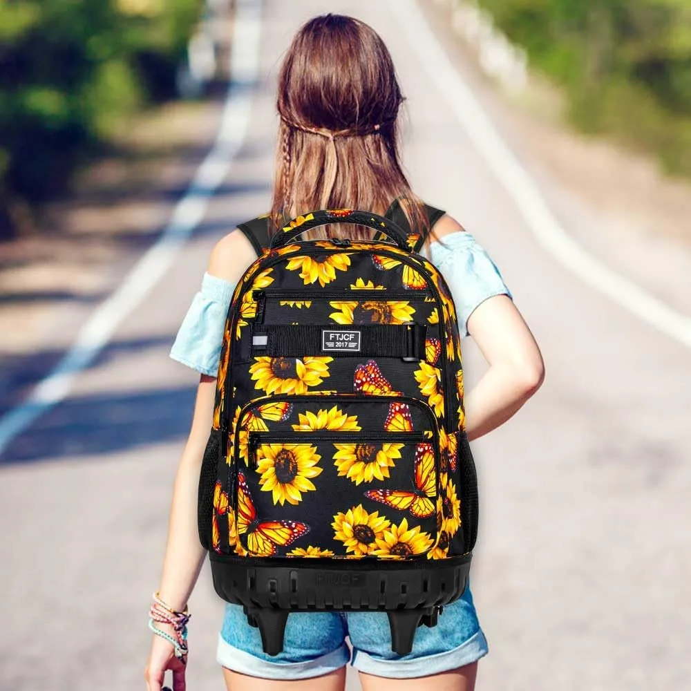 3Pcs Rolling Backpack for Girls, 19 Women Inche Roller Bag with Wheels, Sunflower Wheeled Bookbag Set for Adults(Yellow)