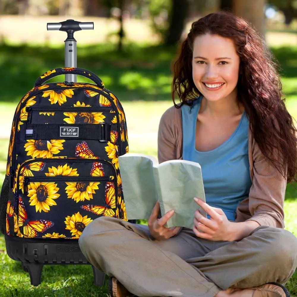 3Pcs Rolling Backpack for Girls, 19 Women Inche Roller Bag with Wheels, Sunflower Wheeled Bookbag Set for Adults(Yellow)