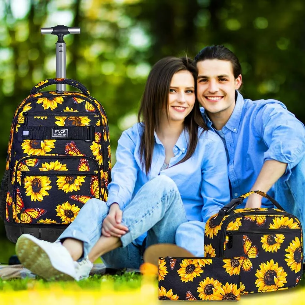 3Pcs Rolling Backpack for Girls, 19 Women Inche Roller Bag with Wheels, Sunflower Wheeled Bookbag Set for Adults(Yellow)