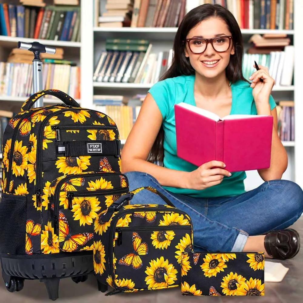 3Pcs Rolling Backpack for Girls, 19 Women Inche Roller Bag with Wheels, Sunflower Wheeled Bookbag Set for Adults(Yellow)