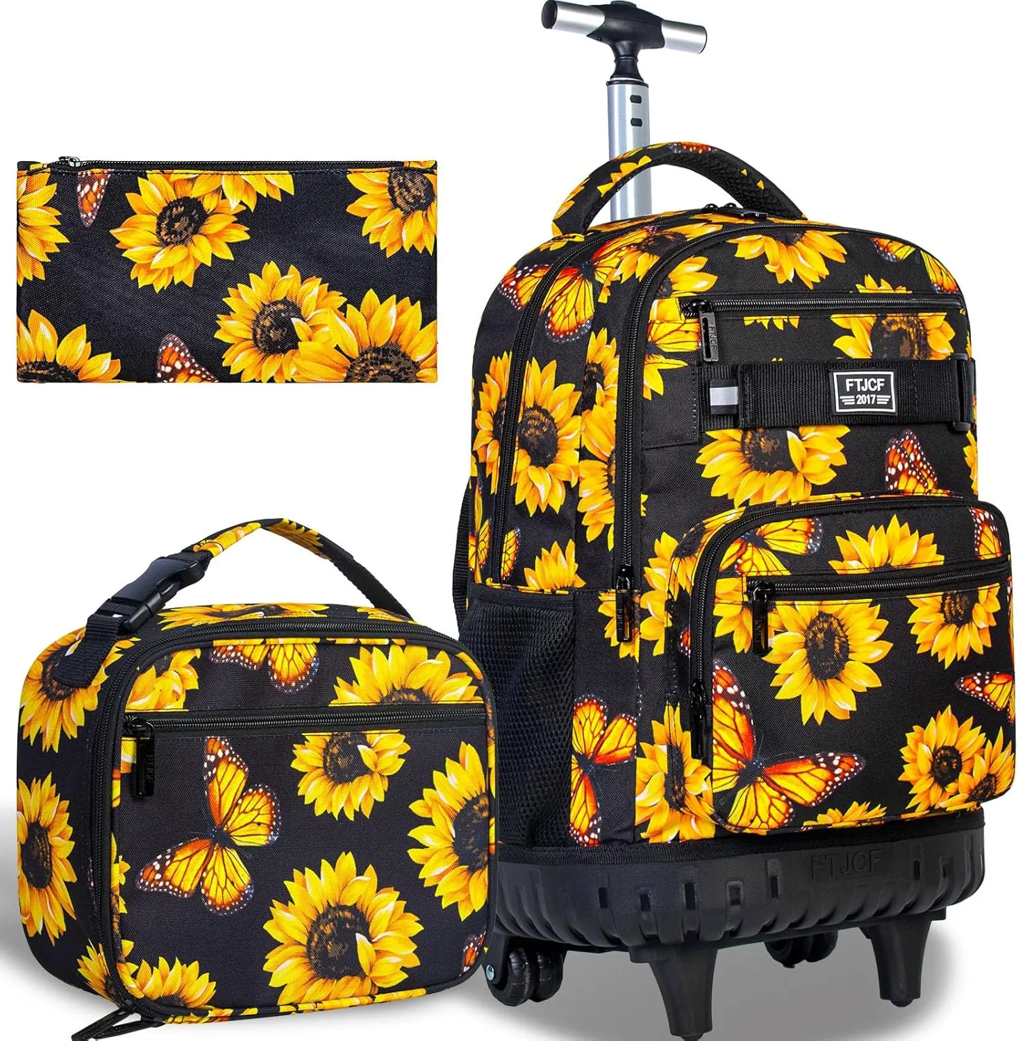 3Pcs Rolling Backpack for Girls, 19 Women Inche Roller Bag with Wheels, Sunflower Wheeled Bookbag Set for Adults(Yellow)