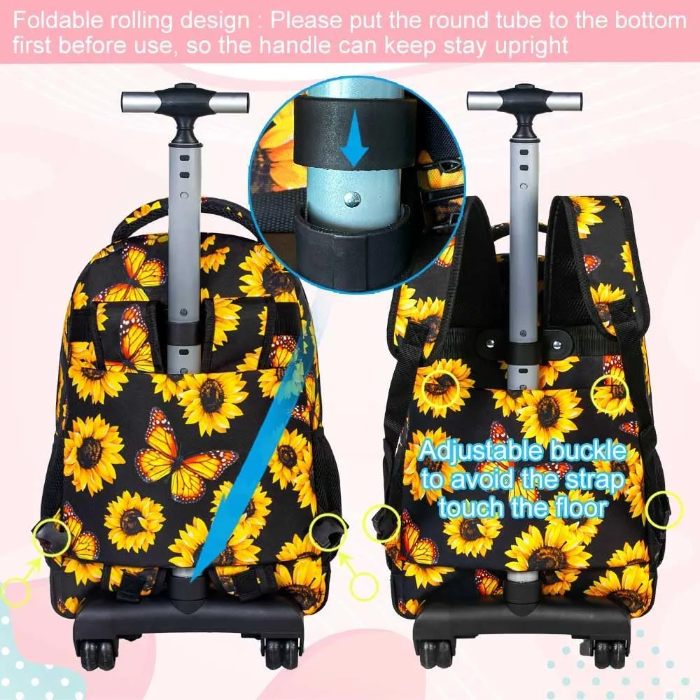 3Pcs Rolling Backpack for Girls, 19 Women Inche Roller Bag with Wheels, Sunflower Wheeled Bookbag Set for Adults(Yellow)