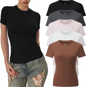 5 Pack Women's Crew Neck Ribbed Fitted Shirt Basic Short Sleeves Summer Bodycon Crop Tunics Going Out T Shirt Tops