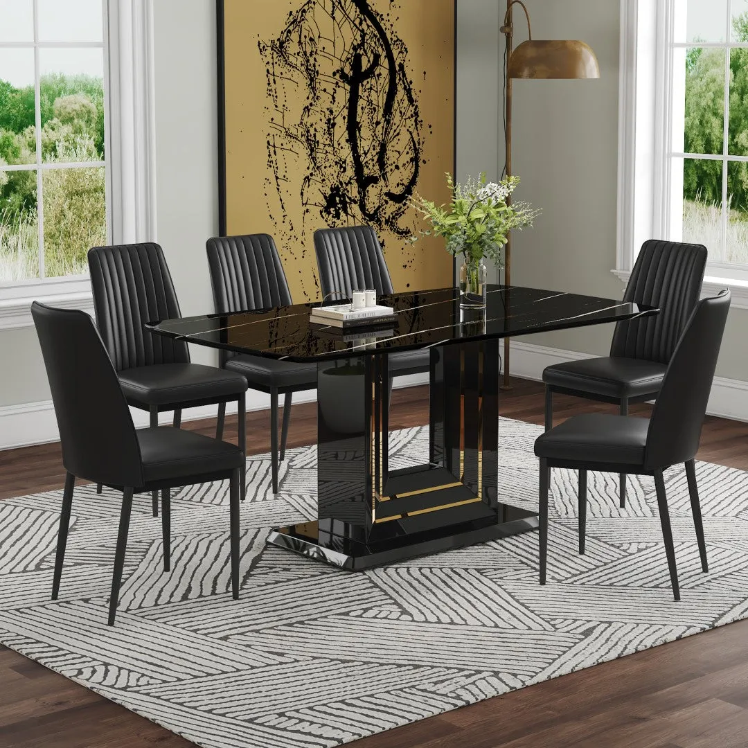7-Piece Faux Marble Dining Table Set, Glass Rectangular Kitchen Table For 6-8, Modern Black Faux Marble Dining Room Table With MDF Base