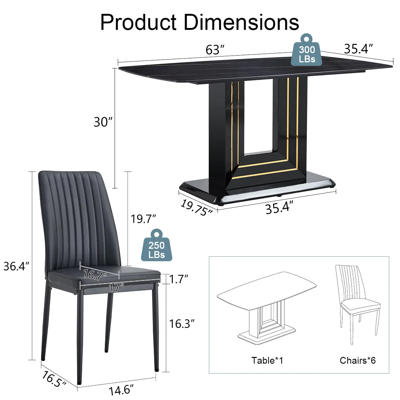 7-Piece Faux Marble Dining Table Set, Glass Rectangular Kitchen Table For 6-8, Modern Black Faux Marble Dining Room Table With MDF Base