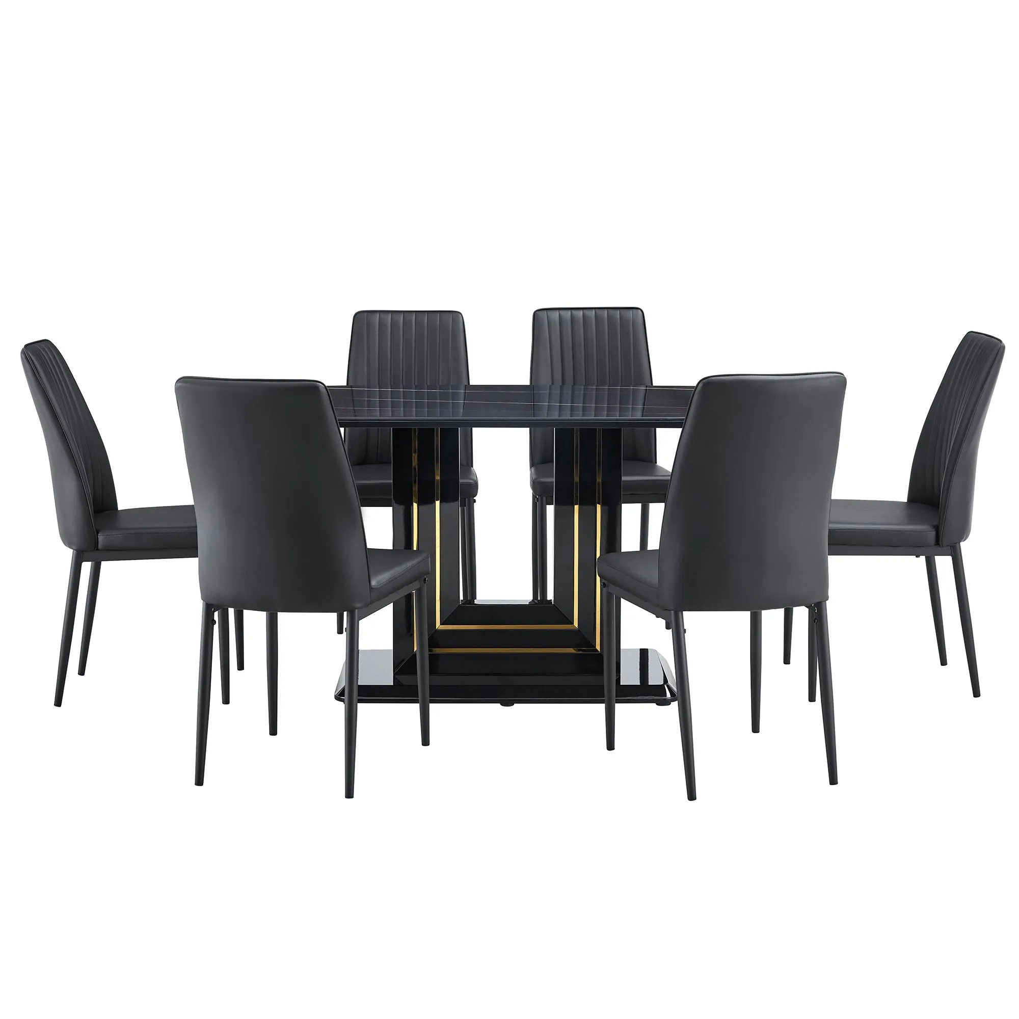7-Piece Faux Marble Dining Table Set, Glass Rectangular Kitchen Table For 6-8, Modern Black Faux Marble Dining Room Table With MDF Base