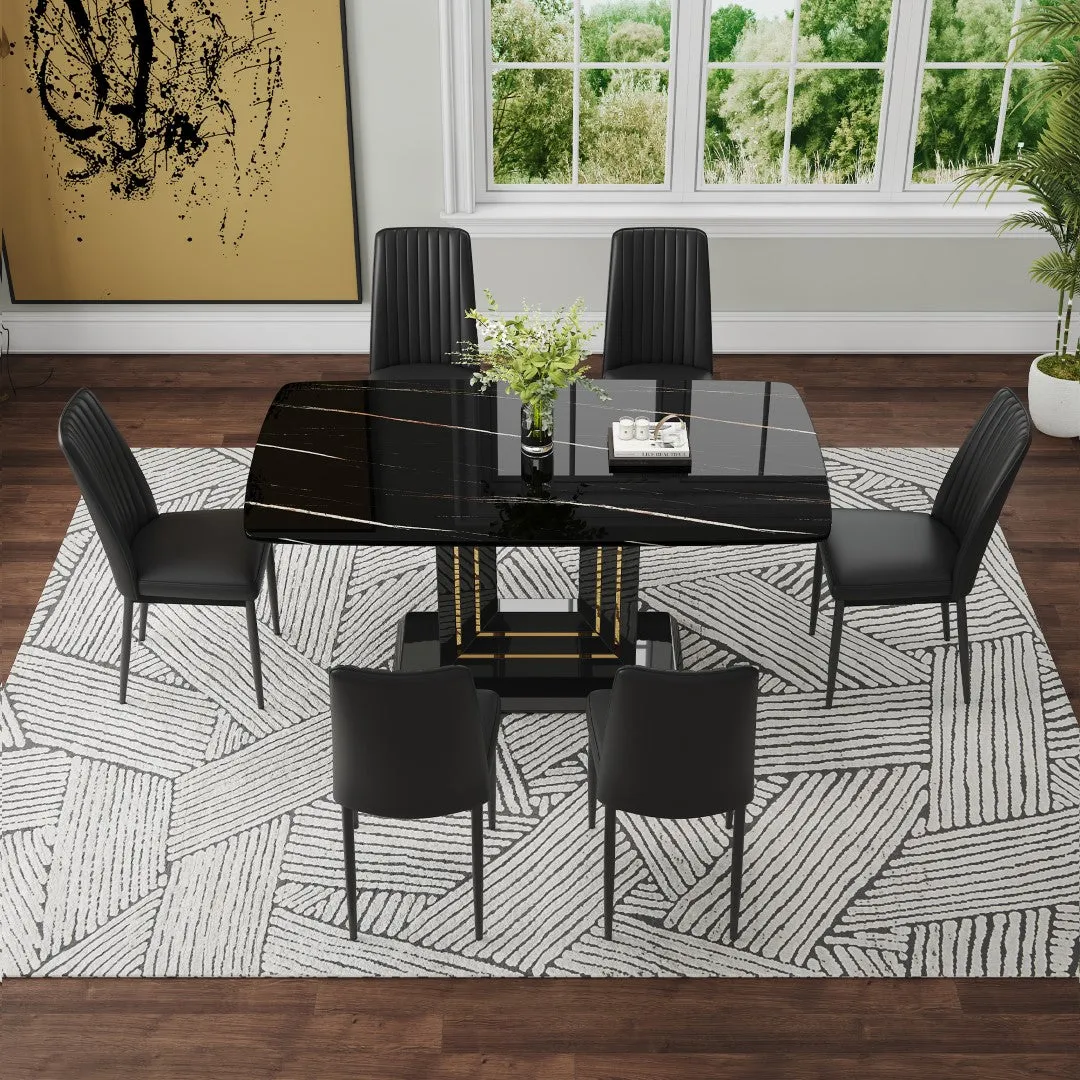 7-Piece Faux Marble Dining Table Set, Glass Rectangular Kitchen Table For 6-8, Modern Black Faux Marble Dining Room Table With MDF Base