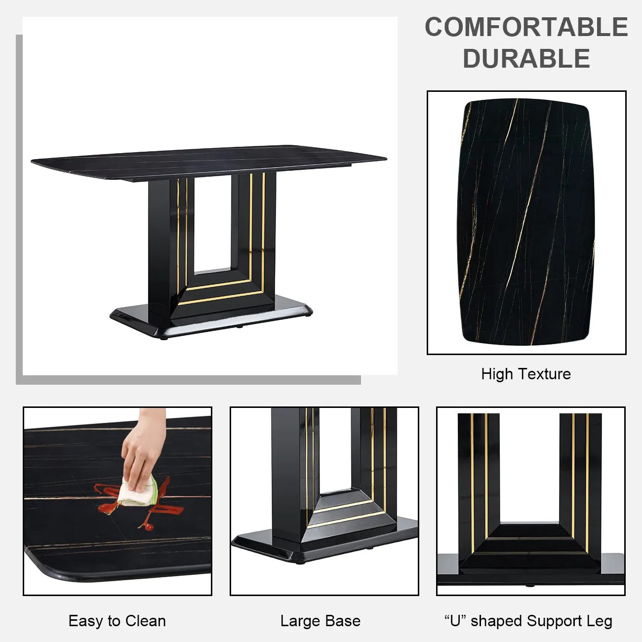 7-Piece Faux Marble Dining Table Set, Glass Rectangular Kitchen Table For 6-8, Modern Black Faux Marble Dining Room Table With MDF Base