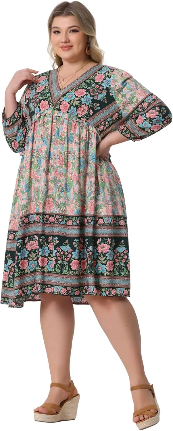 Agnes Orinda Plus Size Summer Dress for Women Casual Boho Floral V Neck 3/4 Sleeve Midi Short Beach Dress