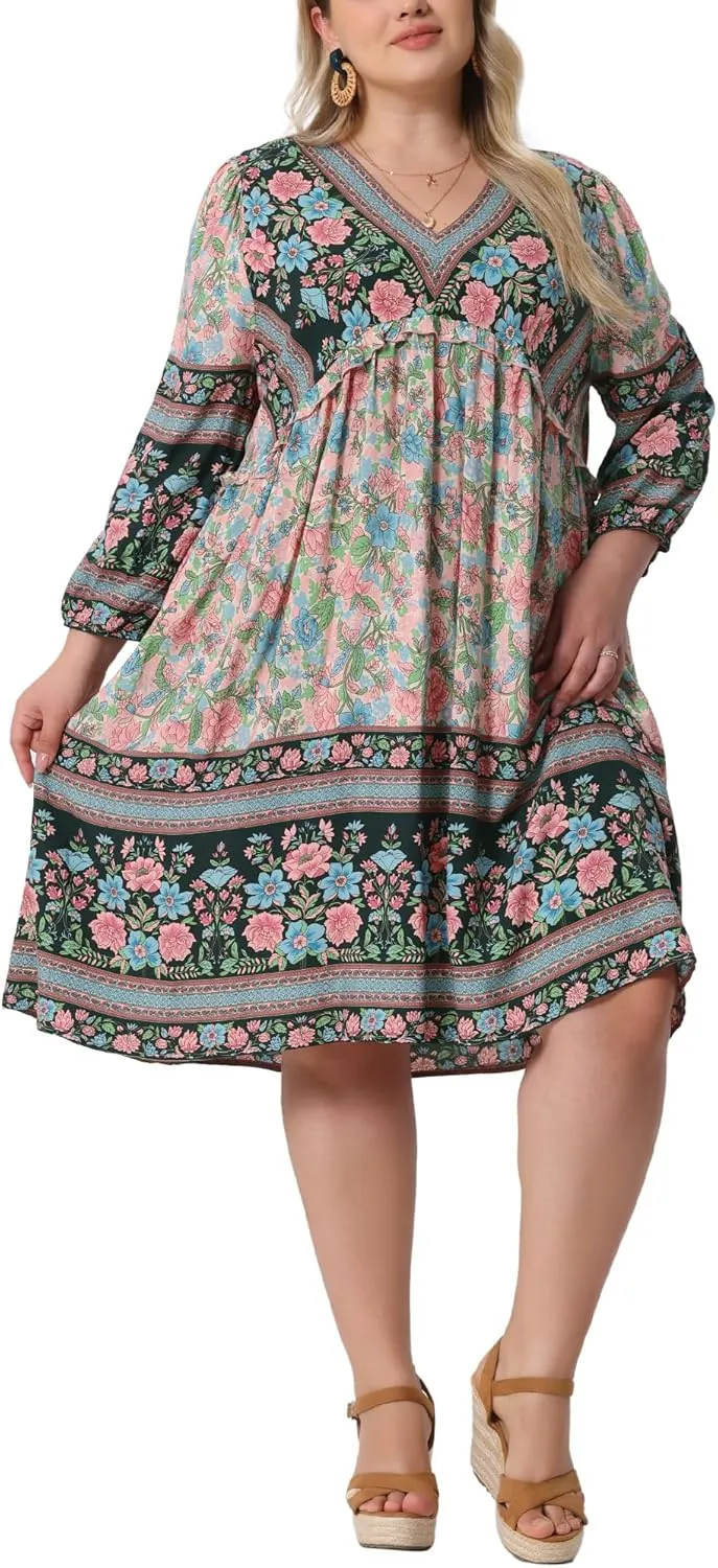 Agnes Orinda Plus Size Summer Dress for Women Casual Boho Floral V Neck 3/4 Sleeve Midi Short Beach Dress