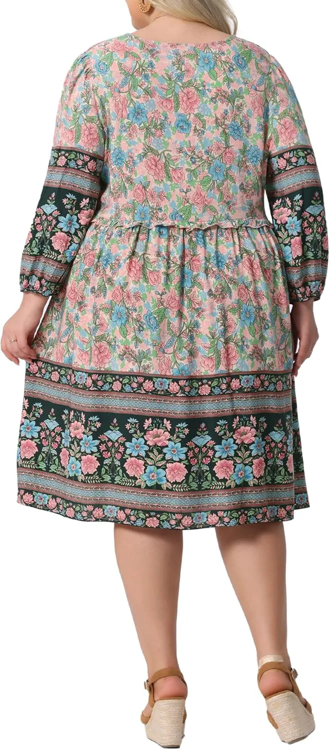Agnes Orinda Plus Size Summer Dress for Women Casual Boho Floral V Neck 3/4 Sleeve Midi Short Beach Dress