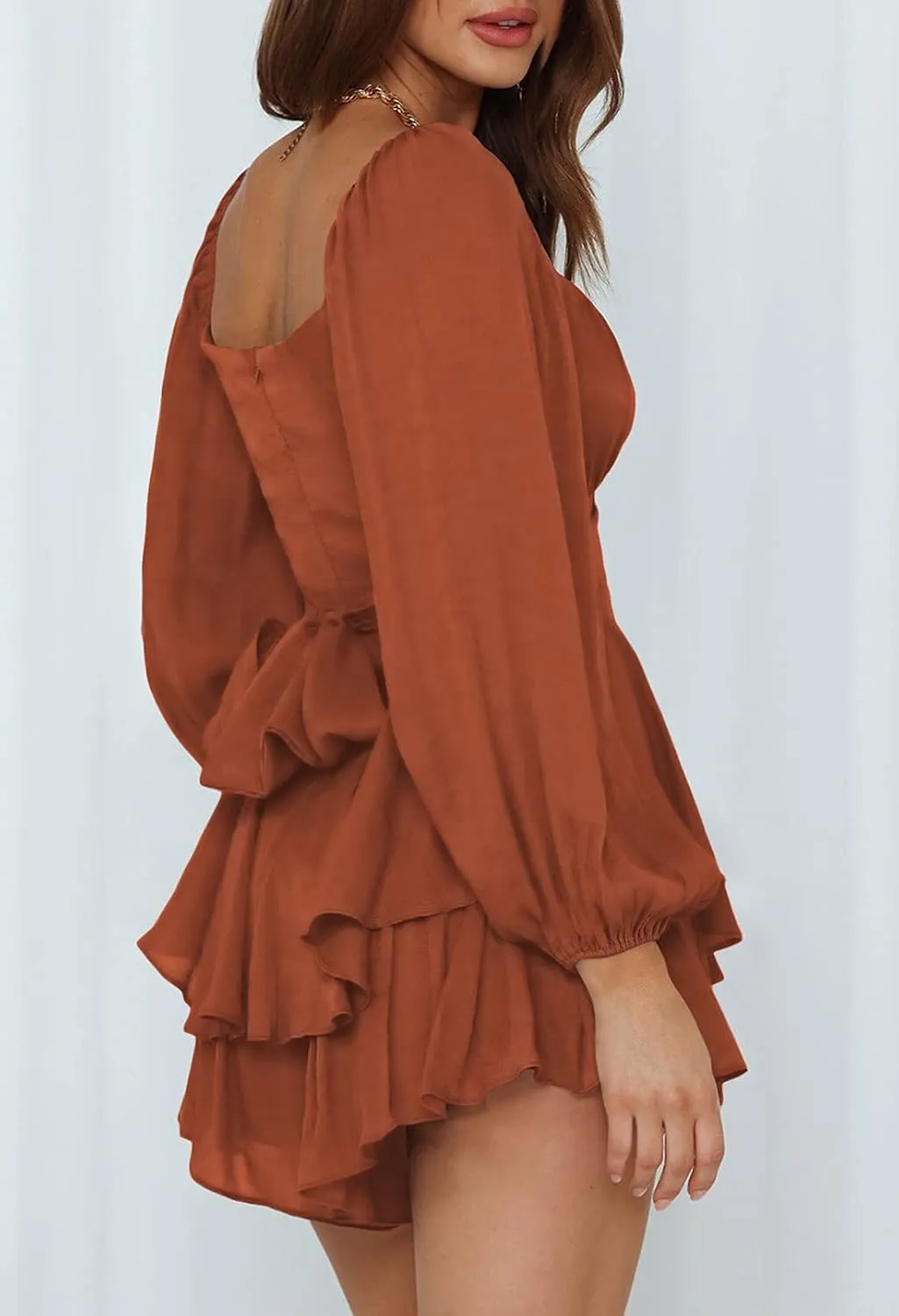 Ahtyeo Women's Casual Off Shoulder Romper Double Layer Ruffle Hem Waist Tie Short Jumpsuits Long Baggy Sleeves Mini Dress