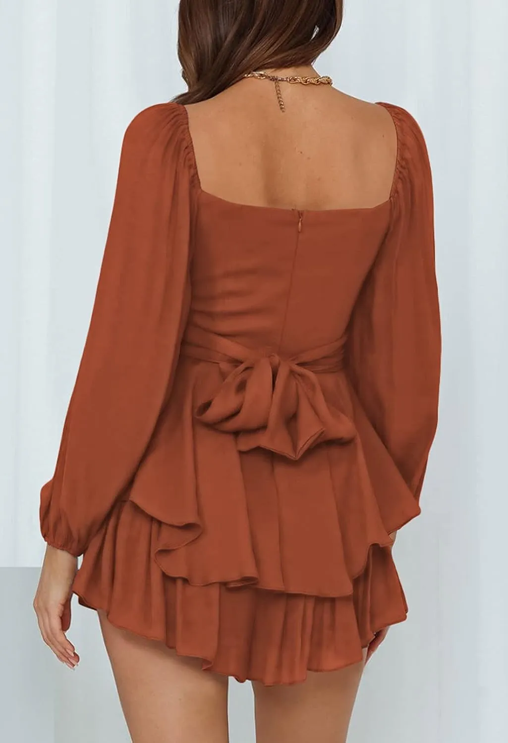 Ahtyeo Women's Casual Off Shoulder Romper Double Layer Ruffle Hem Waist Tie Short Jumpsuits Long Baggy Sleeves Mini Dress