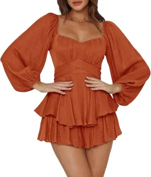 Ahtyeo Women's Casual Off Shoulder Romper Double Layer Ruffle Hem Waist Tie Short Jumpsuits Long Baggy Sleeves Mini Dress