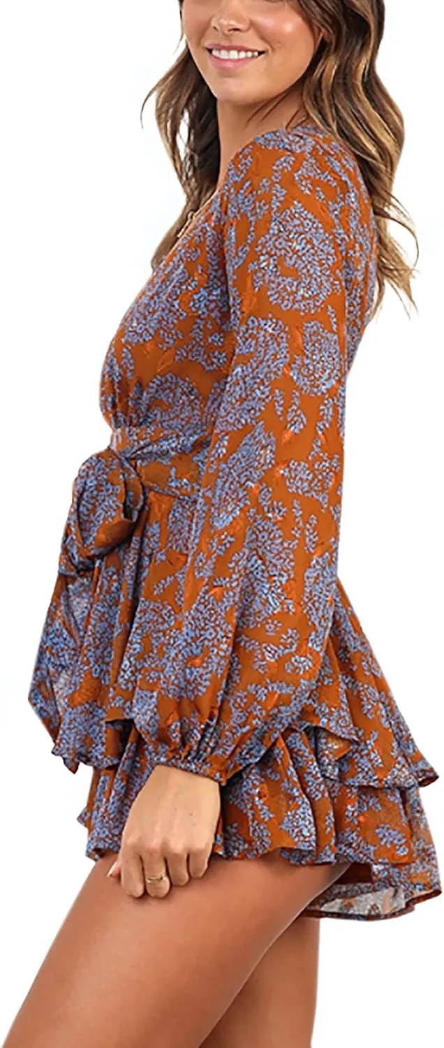 AIMCOO Women's Floral Print Deep V-Neck Romper Double Layer Ruffle Hem Jumpsuits Long Baggy Sleeves Waist Tie Short Rompers