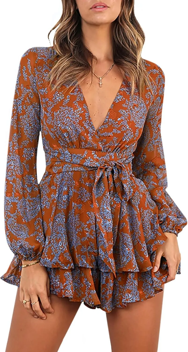 AIMCOO Women's Floral Print Deep V-Neck Romper Double Layer Ruffle Hem Jumpsuits Long Baggy Sleeves Waist Tie Short Rompers