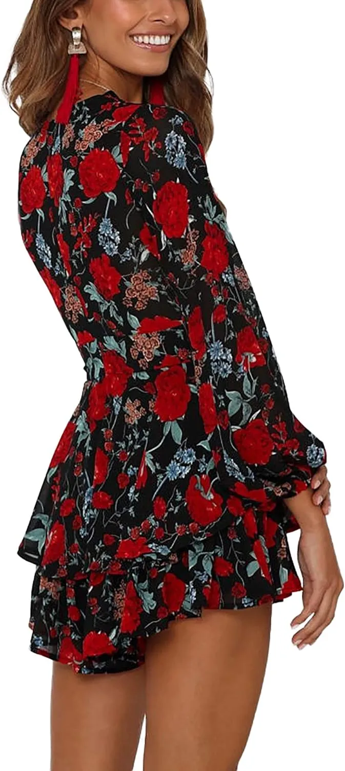 AIMCOO Women's Floral Print Deep V-Neck Romper Double Layer Ruffle Hem Jumpsuits Long Baggy Sleeves Waist Tie Short Rompers