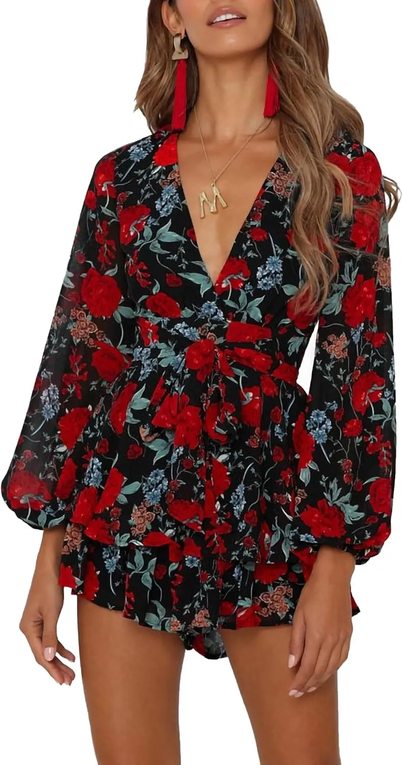AIMCOO Women's Floral Print Deep V-Neck Romper Double Layer Ruffle Hem Jumpsuits Long Baggy Sleeves Waist Tie Short Rompers