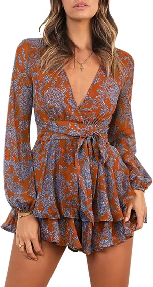 AIMCOO Women's Floral Print Deep V-Neck Romper Double Layer Ruffle Hem Jumpsuits Long Baggy Sleeves Waist Tie Short Rompers