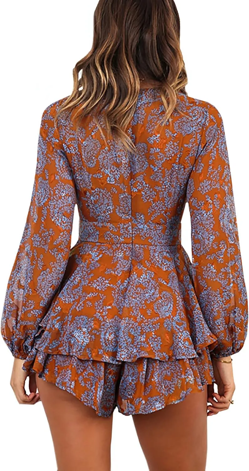 AIMCOO Women's Floral Print Deep V-Neck Romper Double Layer Ruffle Hem Jumpsuits Long Baggy Sleeves Waist Tie Short Rompers