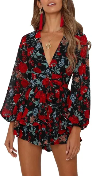 AIMCOO Women's Floral Print Deep V-Neck Romper Double Layer Ruffle Hem Jumpsuits Long Baggy Sleeves Waist Tie Short Rompers