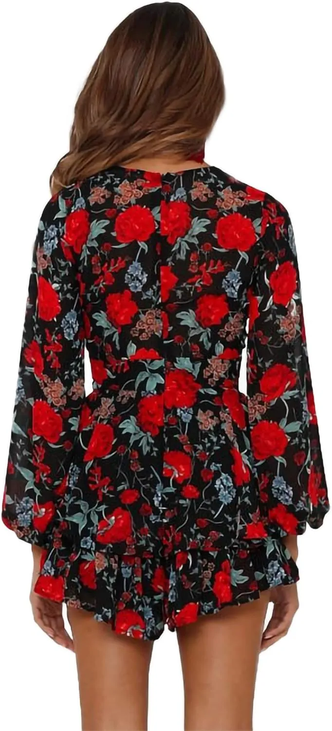 AIMCOO Women's Floral Print Deep V-Neck Romper Double Layer Ruffle Hem Jumpsuits Long Baggy Sleeves Waist Tie Short Rompers
