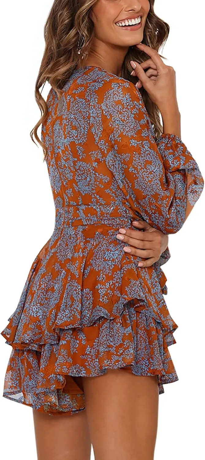AIMCOO Women's Floral Print Deep V-Neck Romper Double Layer Ruffle Hem Jumpsuits Long Baggy Sleeves Waist Tie Short Rompers
