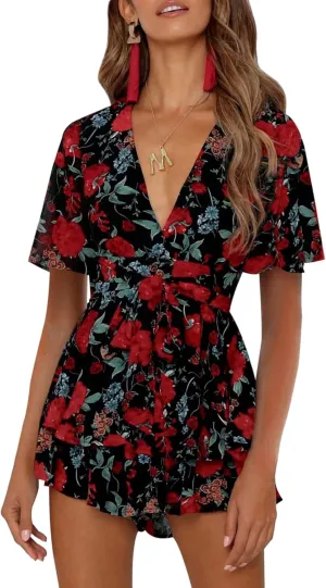 AIMCOO Women's Floral Print Deep V-Neck Romper Double Layer Ruffle Hem Jumpsuits Short Flare Sleeves Waist Tie Short Rompers