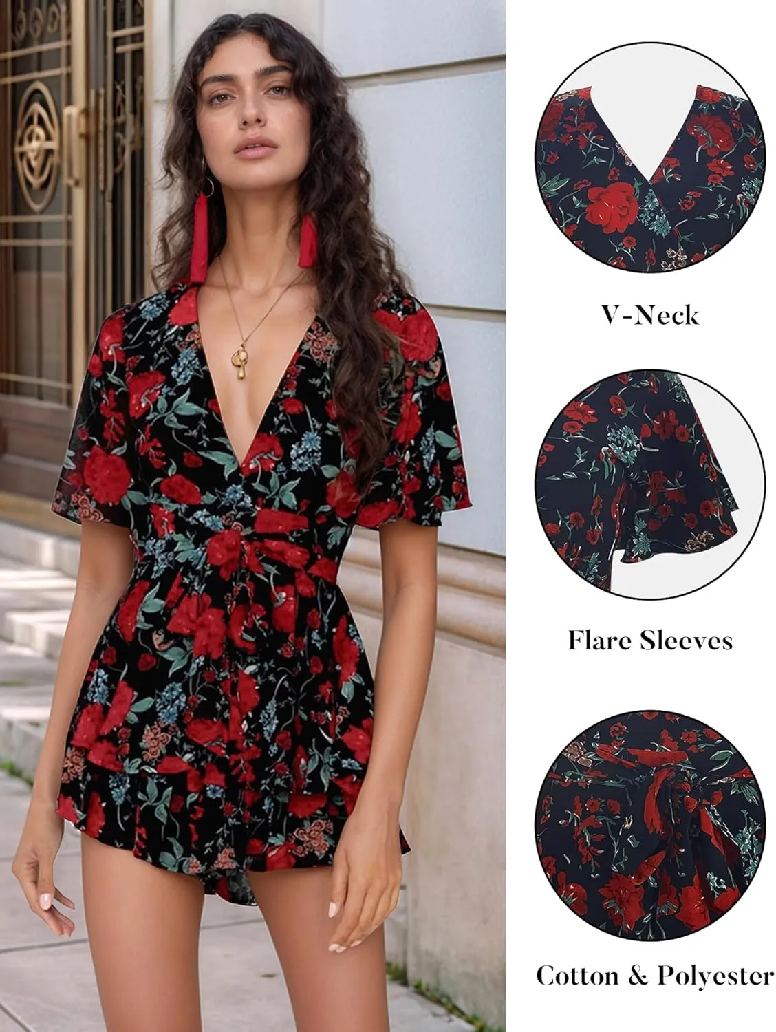 AIMCOO Women's Floral Print Deep V-Neck Romper Double Layer Ruffle Hem Jumpsuits Short Flare Sleeves Waist Tie Short Rompers
