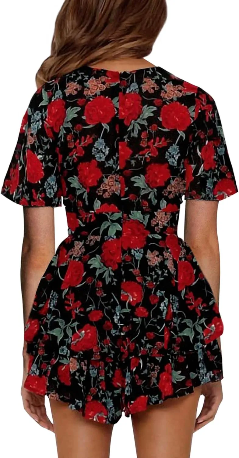 AIMCOO Women's Floral Print Deep V-Neck Romper Double Layer Ruffle Hem Jumpsuits Short Flare Sleeves Waist Tie Short Rompers
