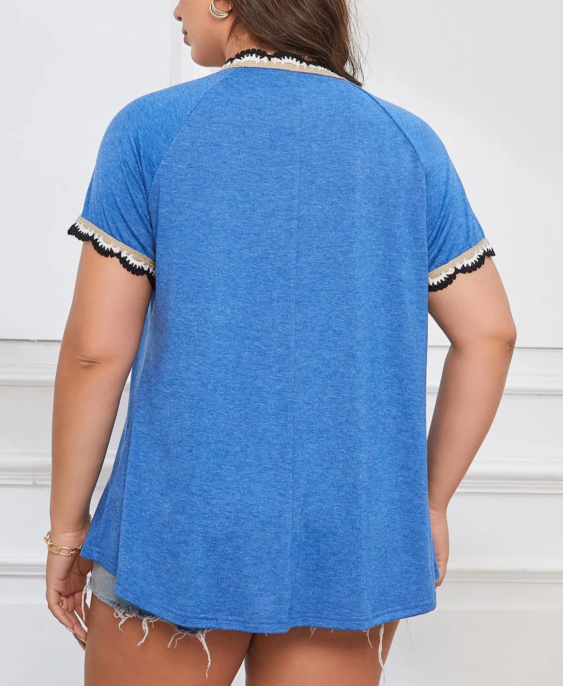 AMCLOS Plus Size Tops for Women T-Shirt With Contrast V-Neck Pleated Short Sleeve Blouses Casual Tunic Summer 2025