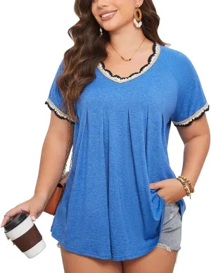 AMCLOS Plus Size Tops for Women T-Shirt With Contrast V-Neck Pleated Short Sleeve Blouses Casual Tunic Summer 2025
