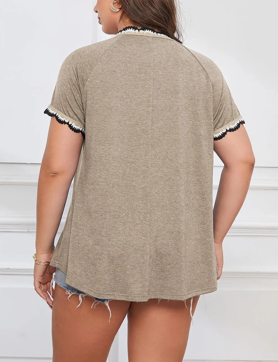 AMCLOS Plus Size Tops for Women T-Shirt With Contrast V-Neck Pleated Short Sleeve Blouses Casual Tunic Summer 2025