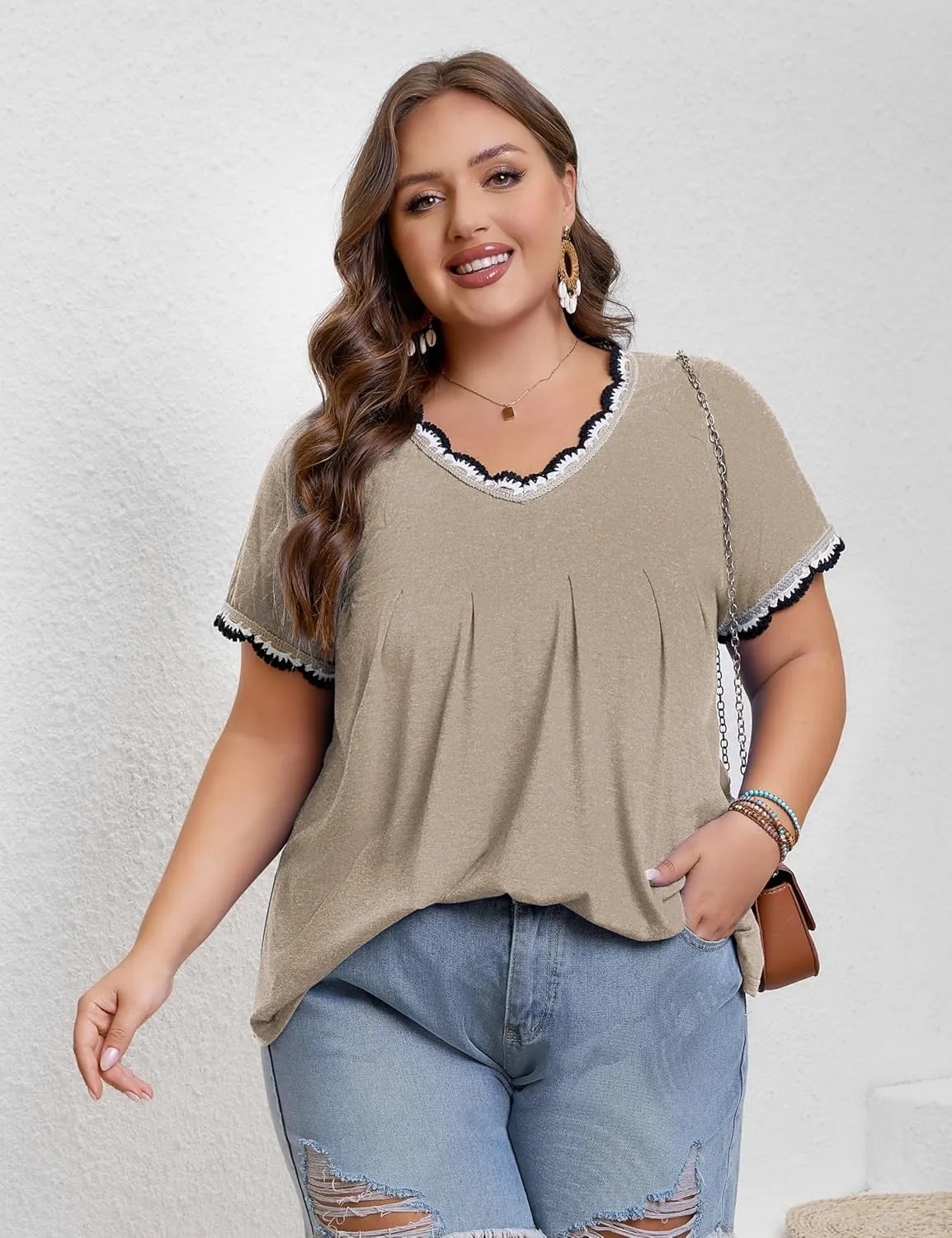 AMCLOS Plus Size Tops for Women T-Shirt With Contrast V-Neck Pleated Short Sleeve Blouses Casual Tunic Summer 2025